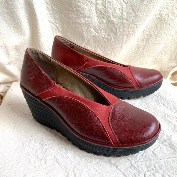 Fly London Burgundy Wedge Heels - Picture 1 of 8